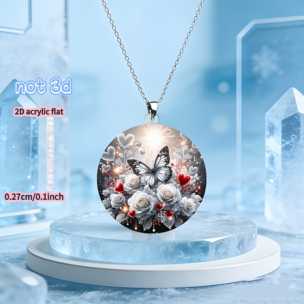 2D Acrylic Snow Butterfly & Rose Flower Pendant Necklace, Whimsical Design